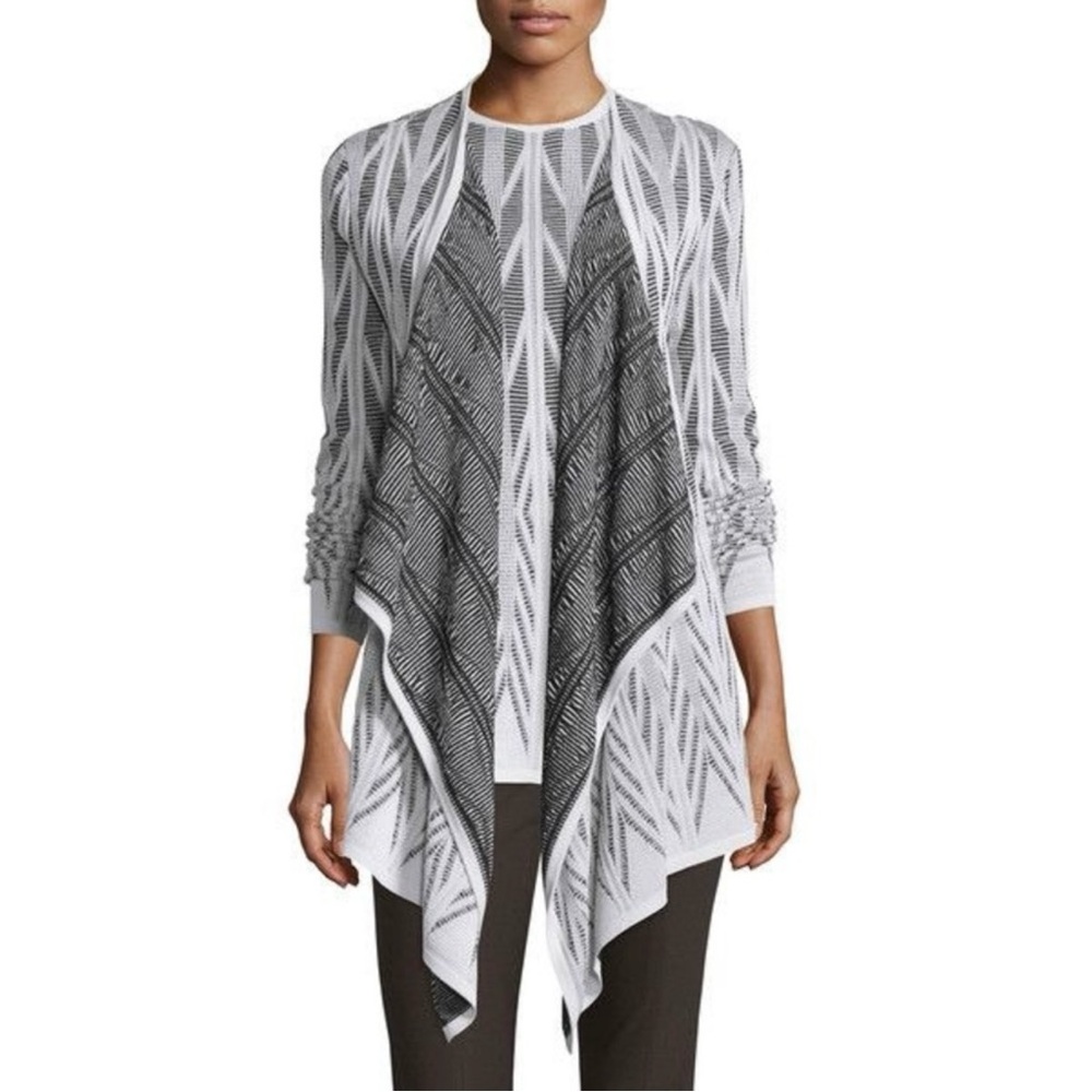 St John Collection Ziri Knit Open Front Cardigan Drape Black White size Small